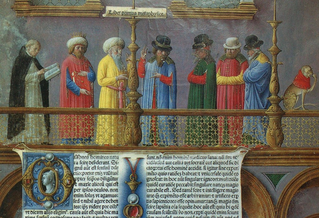 The beginning of the „Metaphysics“ in an incunabulum decorated with hand-painted miniatures. https://commons.wikimedia.org/wiki/File:Aristotle,_Metaphysics,_Incunabulum.jpg