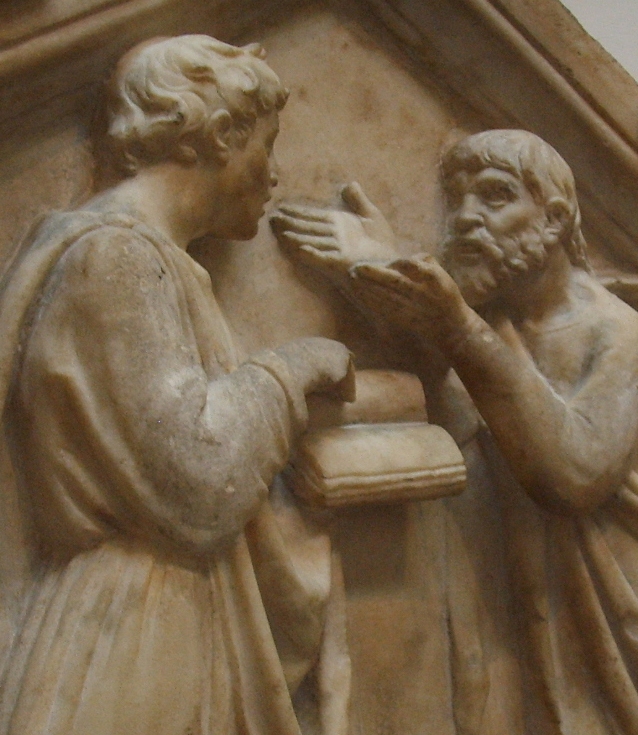Plato and Aristotle in discussion. Detail from a relief by Luca della Robbia, XV century, Florencia, Italia. https://commons.wikimedia.org/wiki/File:Platon_et_Aristote_par_Della_Robbia_d%C3%A9tail.jpg
