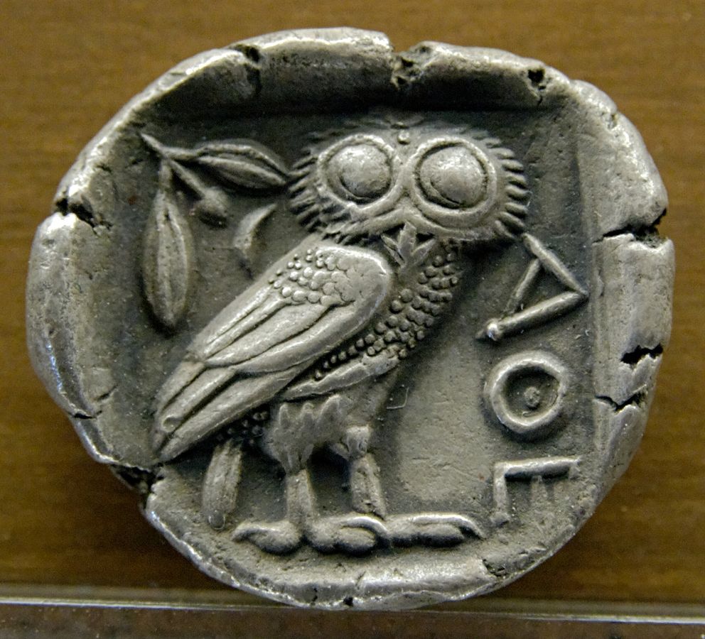 Owl standing right, head facing. Reverse of a silver tetradrachm from Athens, ca. 480–420 BC. https://commons.wikimedia.org/wiki/File:Tetradrachm_Athens_480-420BC_MBA_Lyon.jpg